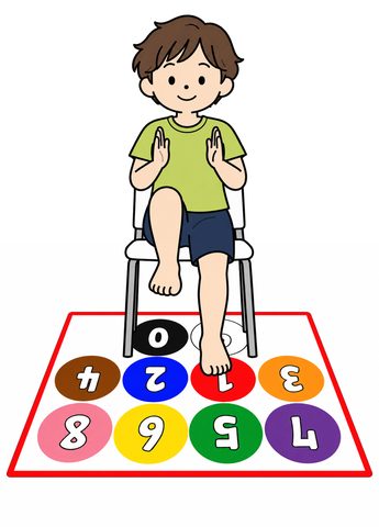 椅子に座って、足元のシートを踏む子どものイラスト