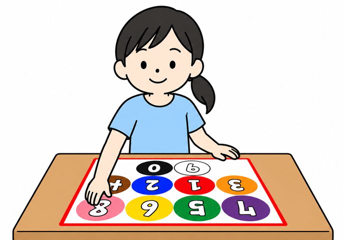 机に置いたシートに指でタッチする子どものイラスト