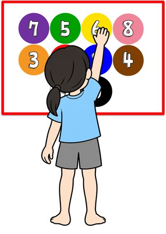 壁に貼ったシートに手を伸ばしてタッチする子どものイラスト