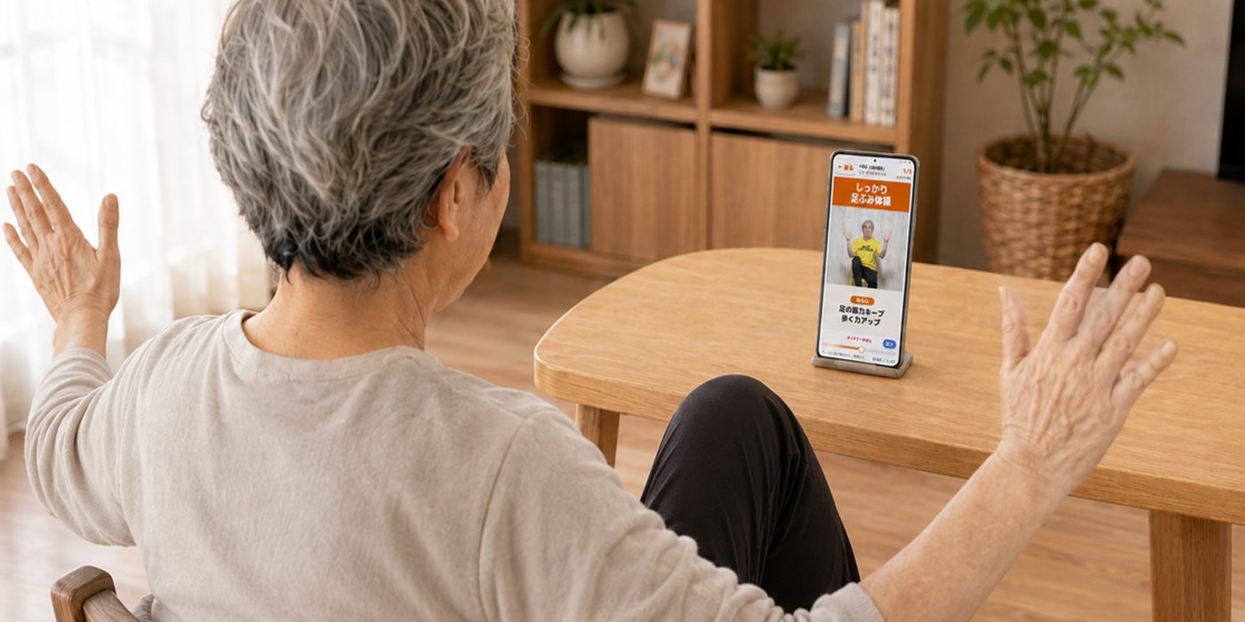 自宅で椅子に座り、スマートフォンに映った体操を見ながら腕を広げている様子